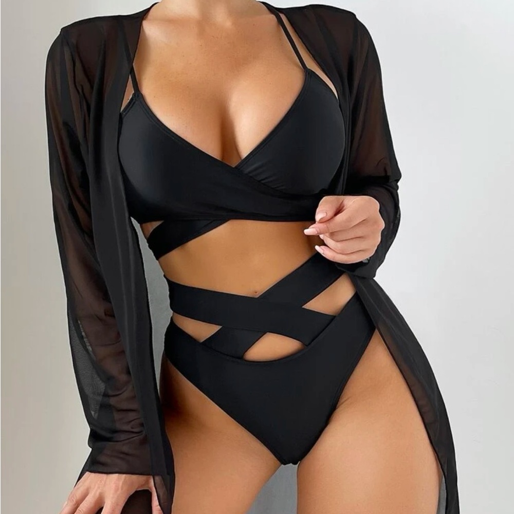 New black wrap top high waist bikini with cover up